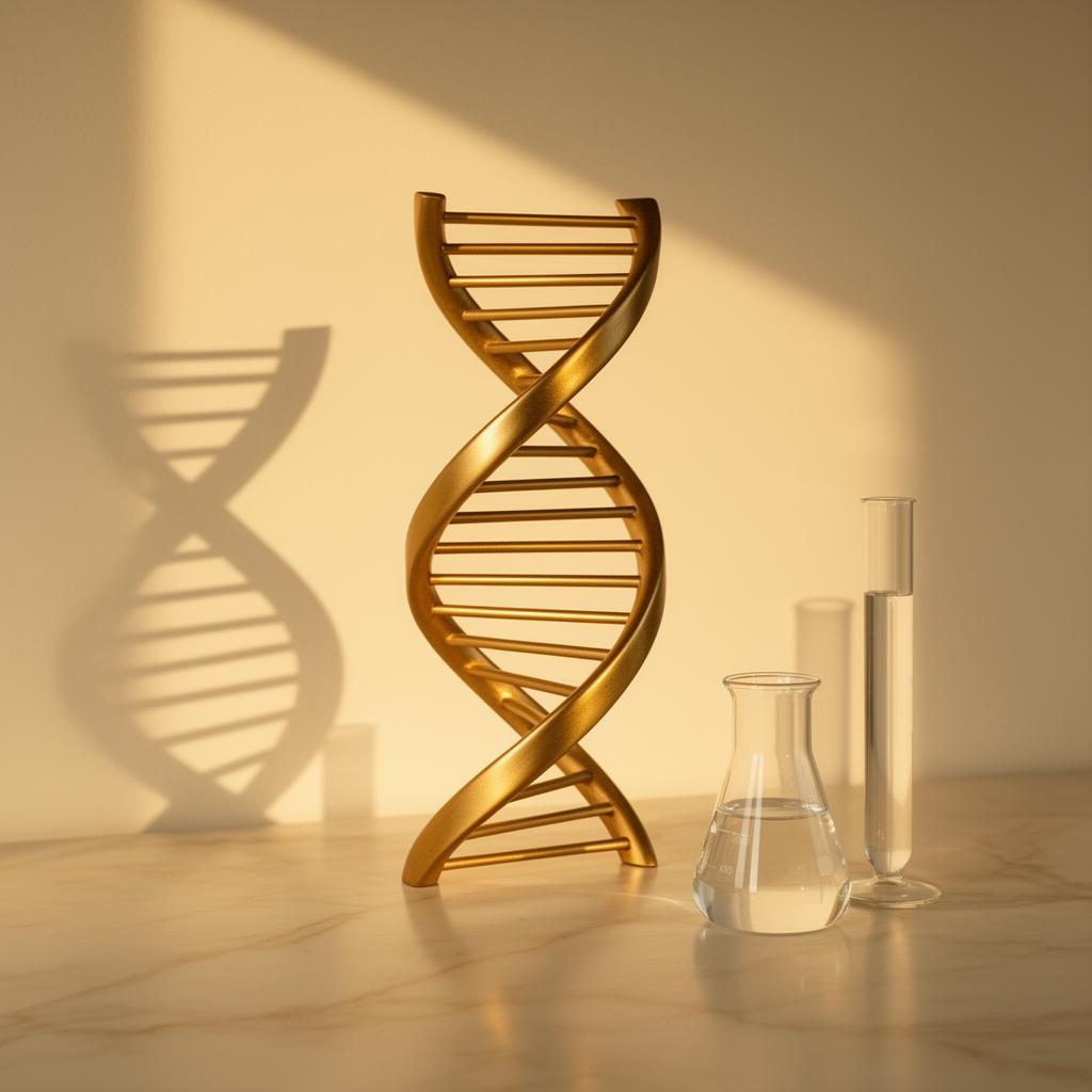 DNA helix and laboratory glassware on marble, symbolizing biological renewal